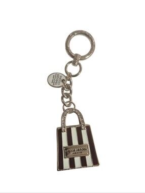 RARE Henri Bendel Brown & White Striped Swarvoski Crystal Shopping Bag Keychain